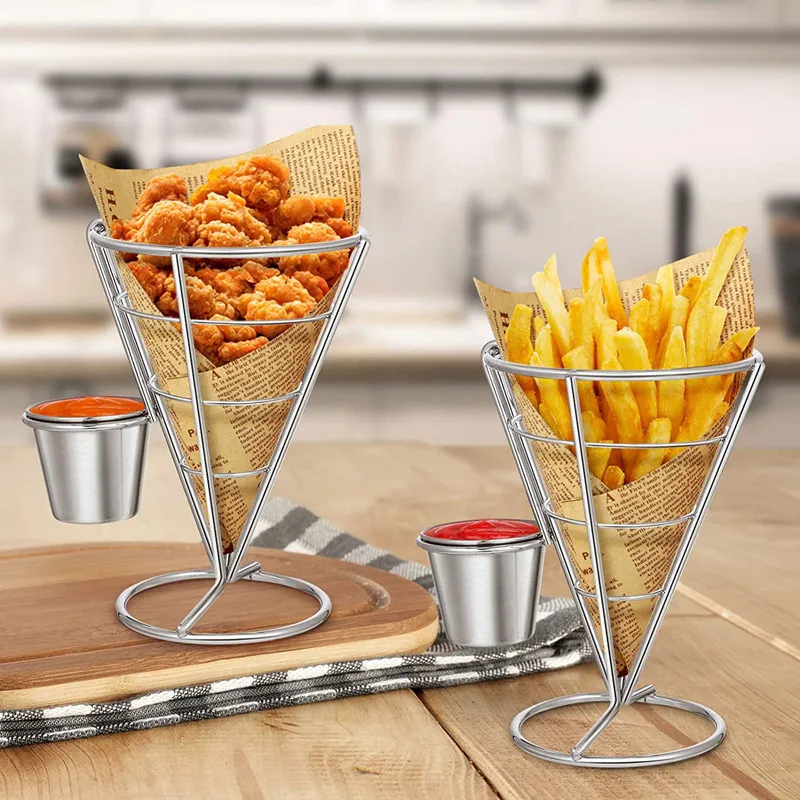 Metal Wire Kitchen Accessories French Fries Stand with Sauce Dippers Potato Chips Snack Holder Colanders & Strainers