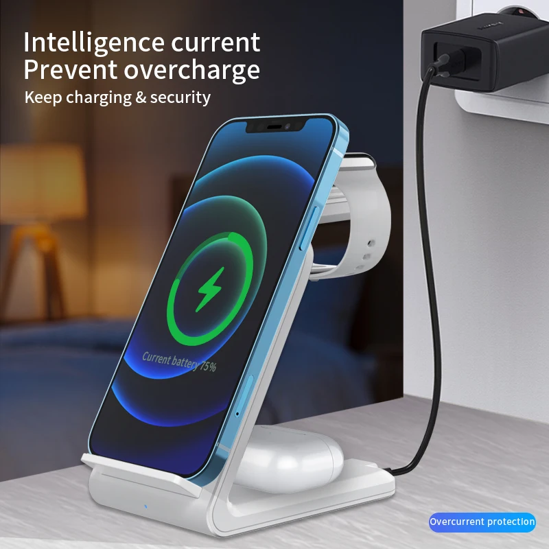 Multifunctional 3 in 1 Safe Wireless Charger 5/7.5/10/15w Phone Watch Earbuds Stand Portable Vertical Cell Phone for Iphone