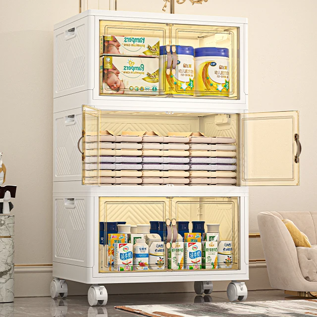 Rmier DIY Easy Installation Double Door Stackable Clear Window Foldable  Plastic  Cabinet For Baby Clothing Wardrobe with Wheels