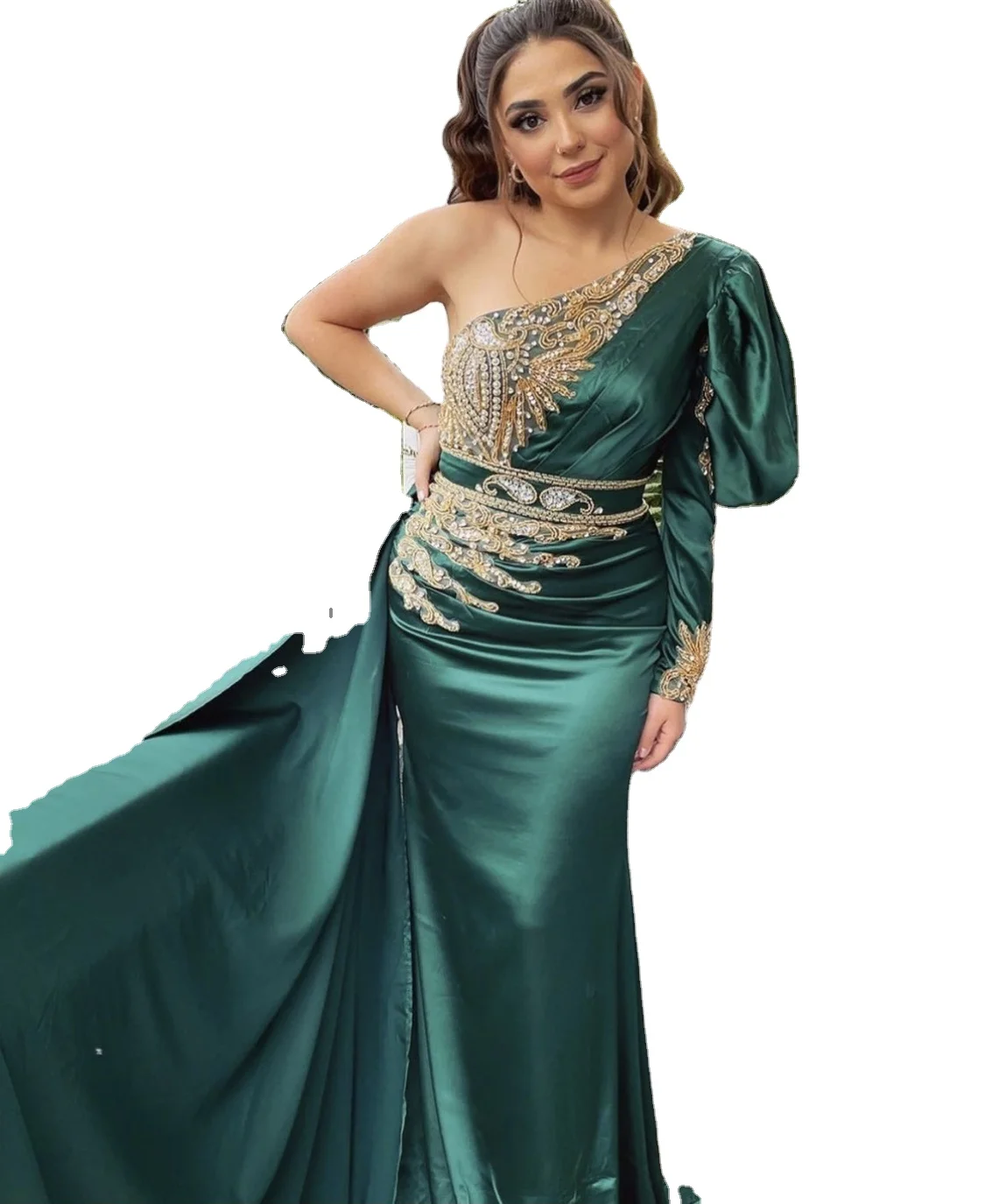 2022 New Green One Shoulder Handmade Beading Elegant Mermaid Satin Evening Dresses For Women Party Dresses