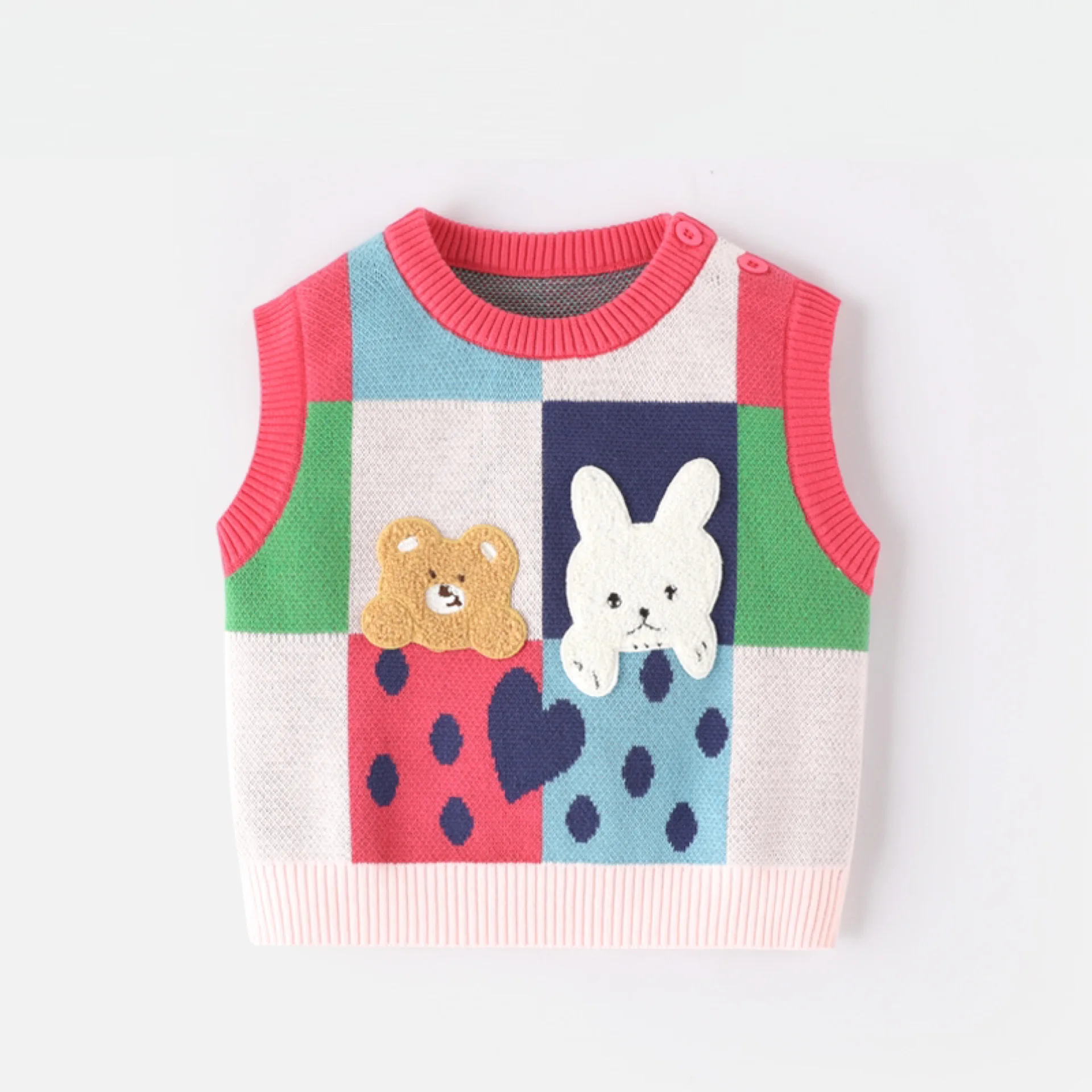 2024 New Baby Cute Bear rabbit Print Knit Vest Kids Sleeveless Cartoon Sweater Cotton Boys Girls Knitted Vest