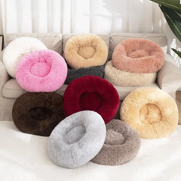Luxury Round Washable Plush Mat Calming Anti-Slip Faux Fur Dog bed Fluffy Donut Cuddler Anxiety Pet Dog Cat Bed
