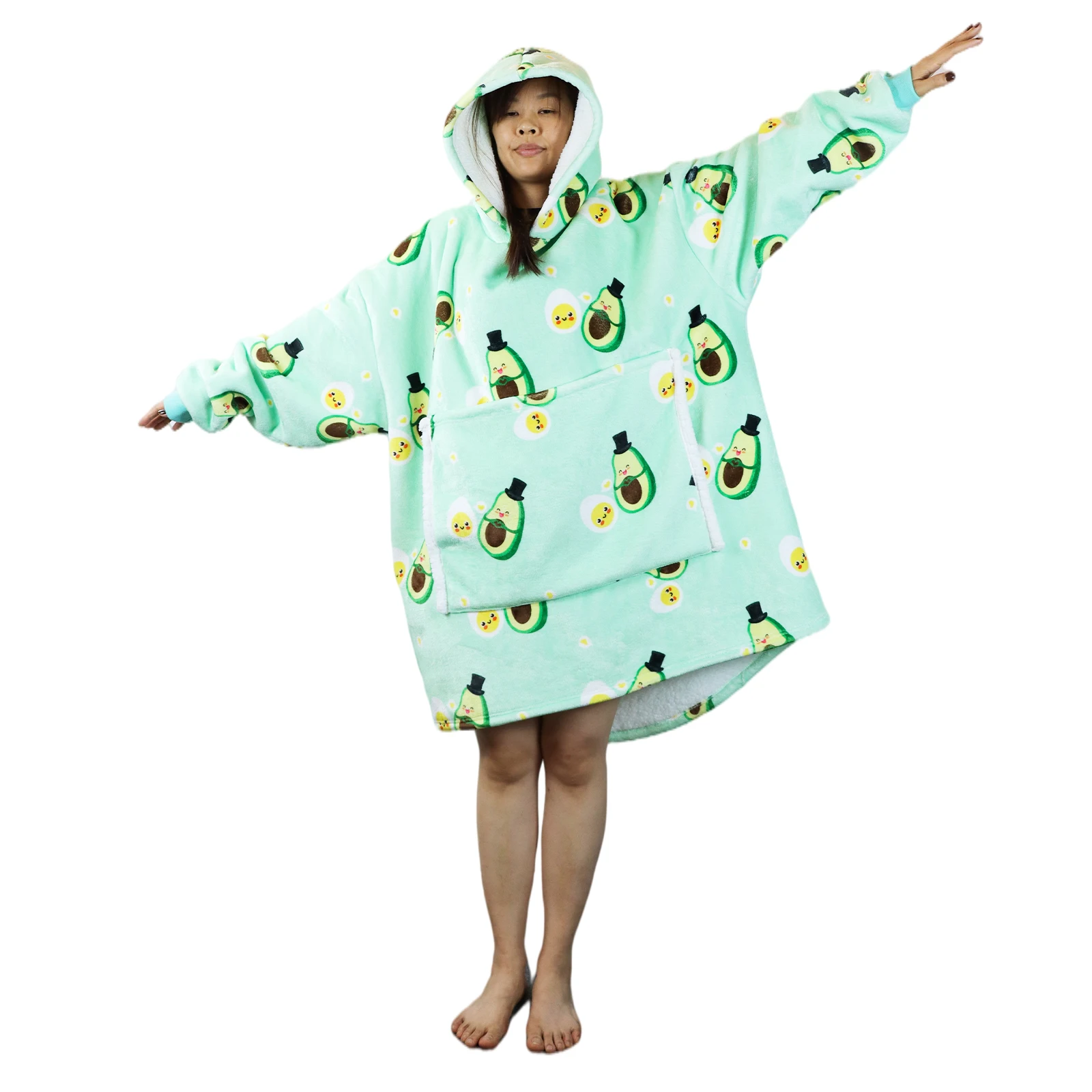High Quality Fully Lined Flannel Fleece Oversized Cute Avocado Warm Wearable TV Hoodie Blanket