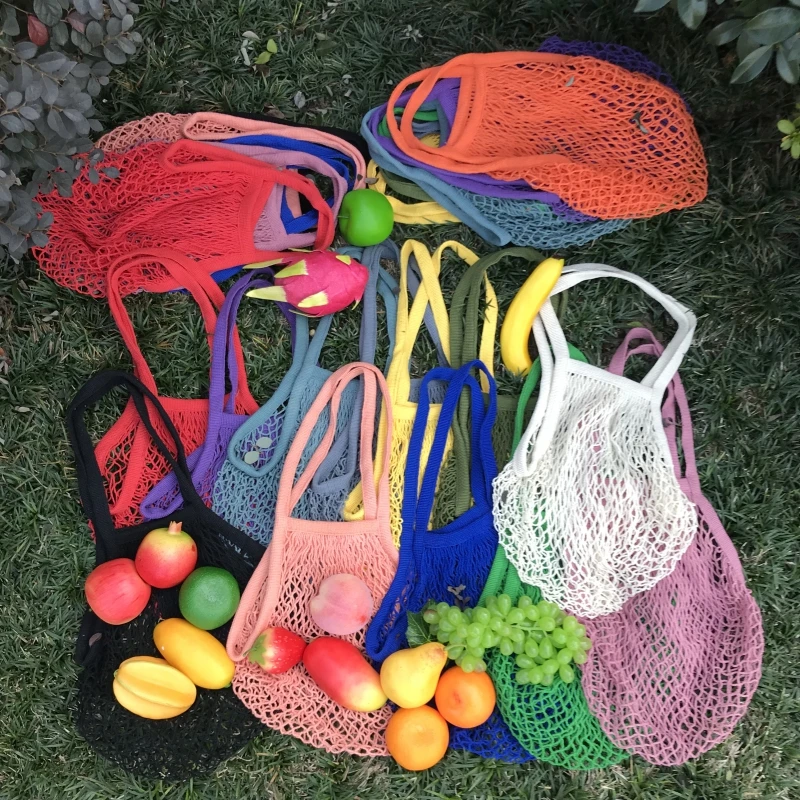 Premium Cotton String Bags for Farmers Market, Produce, Grocery or Beach Trip Handbag Long Handle Net Tote Fruit Mesh Bag