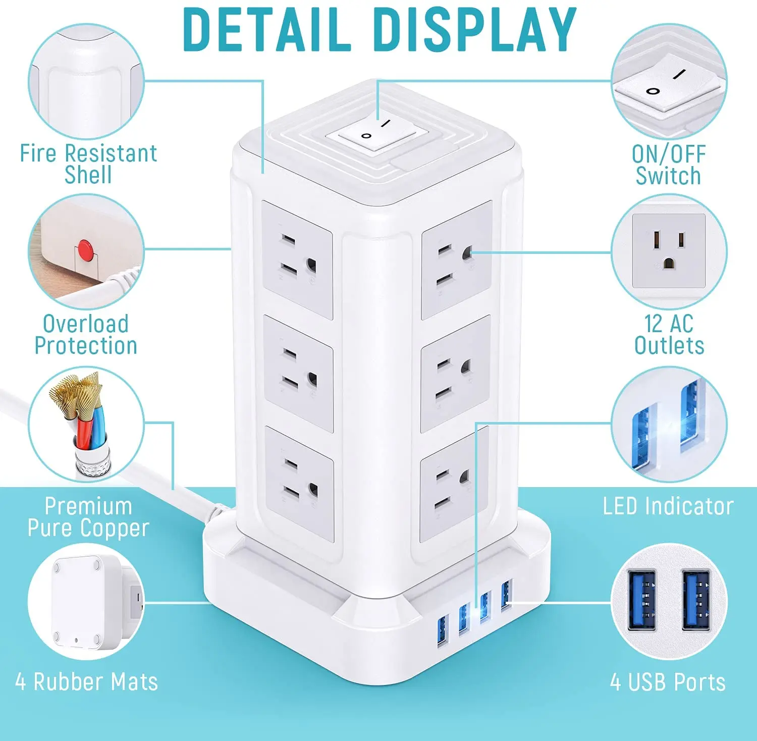 Vertical Smart Tower Mains Power Strip Extension Socket 4 USB Port Adapter Multifunction Electrical With Switch