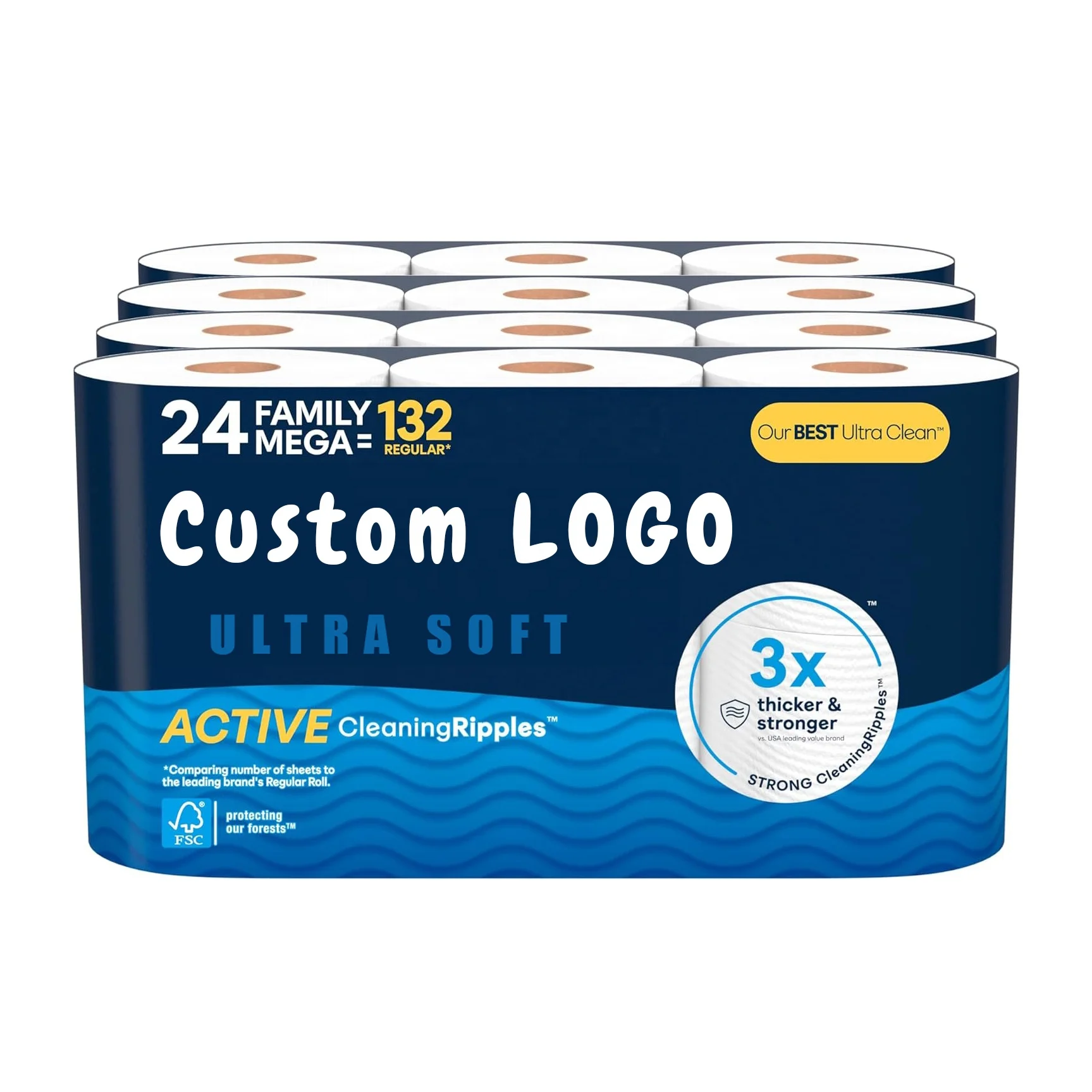 Brand Name Ultra Plush Toilet Paper 24 Mega Rolls = 96 Regular Rolls 3 Ply Soft Toilet Tissue