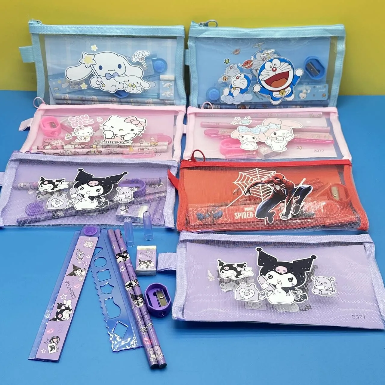 Youjia 3377 Sanrio Nylon Mesh Stationery Set 8-Piece Pen Bag Gift for Students and Kindergarten for Office or Promotion Use