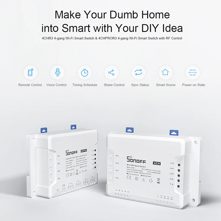 Sonoff 4CH R3 Pro Wifi Switch Module 4 Gang Wifi DIY Smart Switch APP Voice Control Smart Home Works with Google Home Alexa
