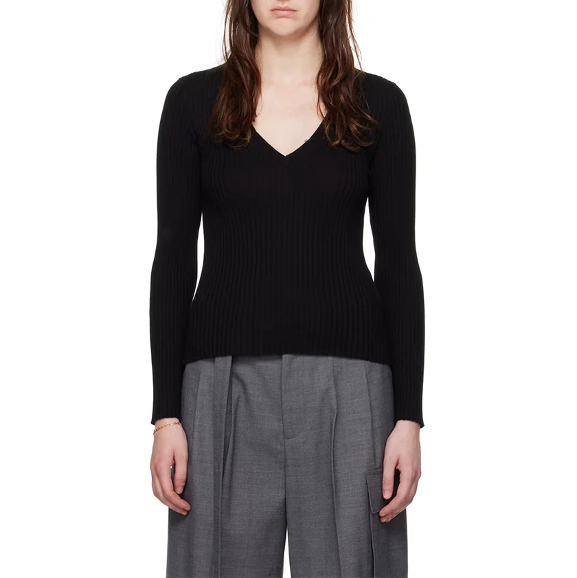 Knitwear Manufacturer Custom Spring Autumn black V Neck Long Sleeve Ribbed Knit Women Pullover Sweater