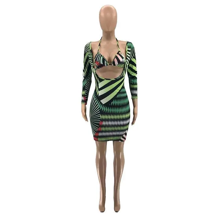 Long Sleeve Nightclub Geometry Print Hot Spring Dresses For Women Sexy Outfits Two Pieces Dress -PT