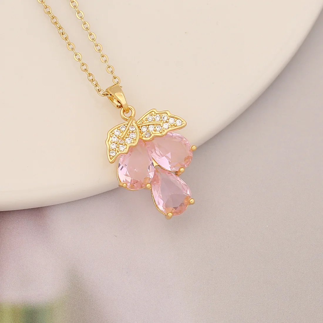 Purple Crystal Heart Butterfly Flower Rabbit Pendant Necklace Fashion Necklace for Women Jewelry 18k Gold Brass CLASSIC Zircon