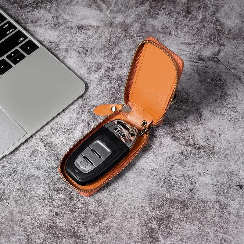 Genuine leather key case holder bag storage fashion with zipper protective shell mini car key cover customer logo