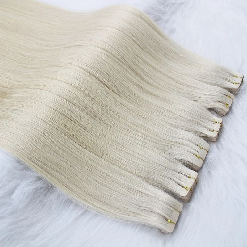Factory Wholesale Russian Virgin Remy Human Invisible Hair Ice Blonde Color Full Ends Injection Tape in Hair Extensions