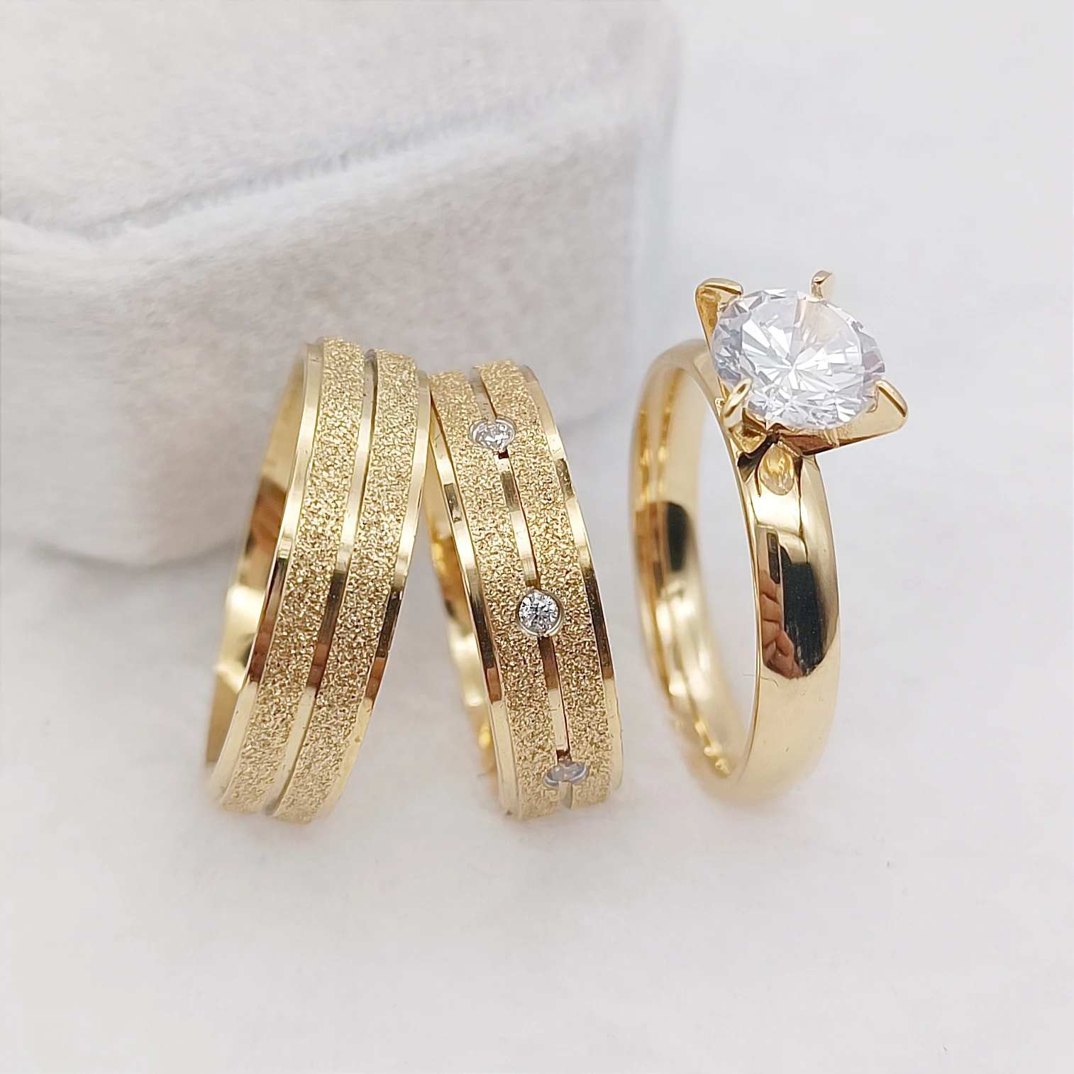 Dubai 3pcs Promise Wedding Engagement Rings For Men And Women 24k Gold Plated Jewelry Sets Rings anillos de oro