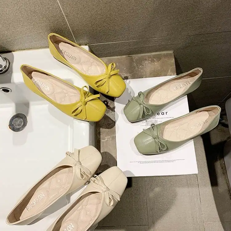 Women Square Toe Plain Soft Leather Flat Shoes New Ladies Casual Flat Shoes With Bow
