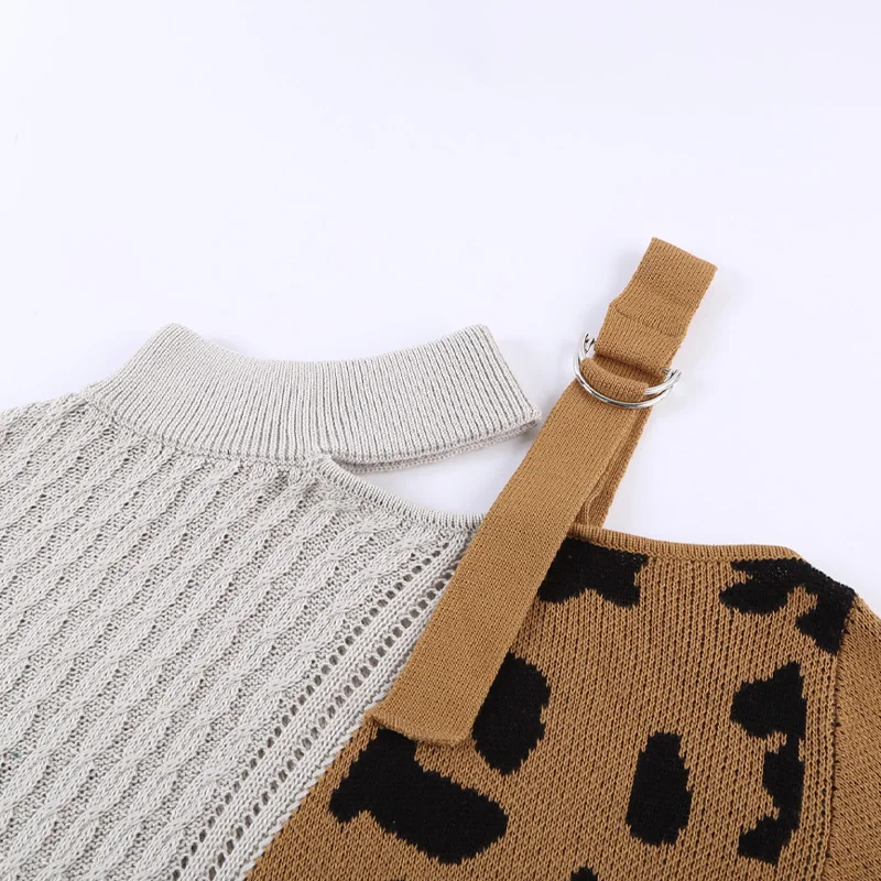 Hot Sale Fall 2022 Women Clothes Long Sleeve Asymmetrical Leopard Crochet Design Ugly Sweater Women