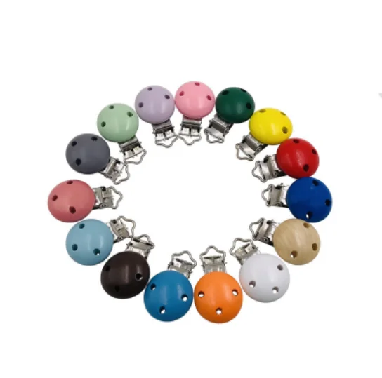 China Factory Custom 30 MM Round Shape Colored Baby Wood Metal Pacifier Holder Clip Suspender Clip
