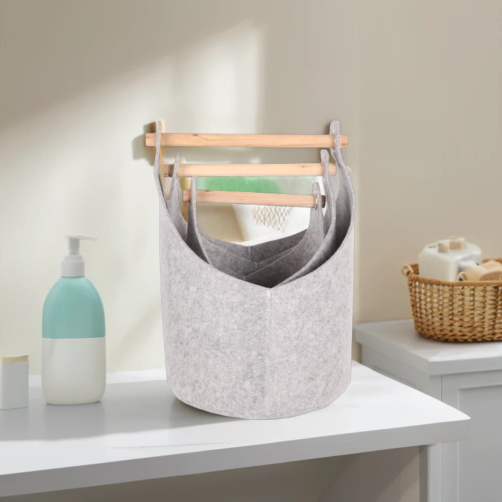 Portable Christmas Laundry Basket Wide Felt Basket with Wooden Handle for Efficient Laundry Sorting