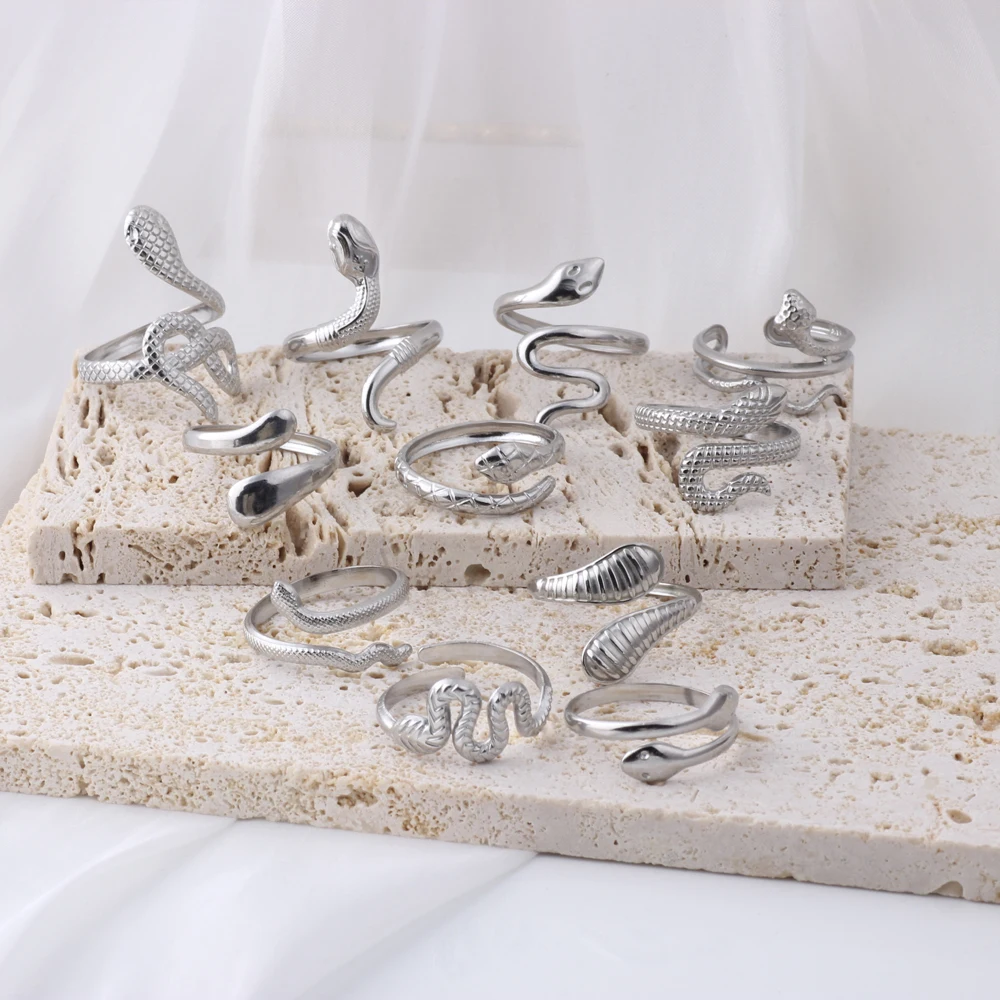 Stainless Steel Snake Jewelry Ring Women Adjustable Open Finger Ring No Fade Snake Round  Ring Party Wedding Jewelry Gifts
