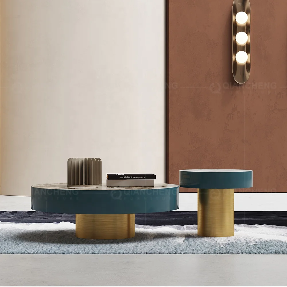 
Home furniture living room sets gold stainless steel base center table luxury modern round marble coffee table set 