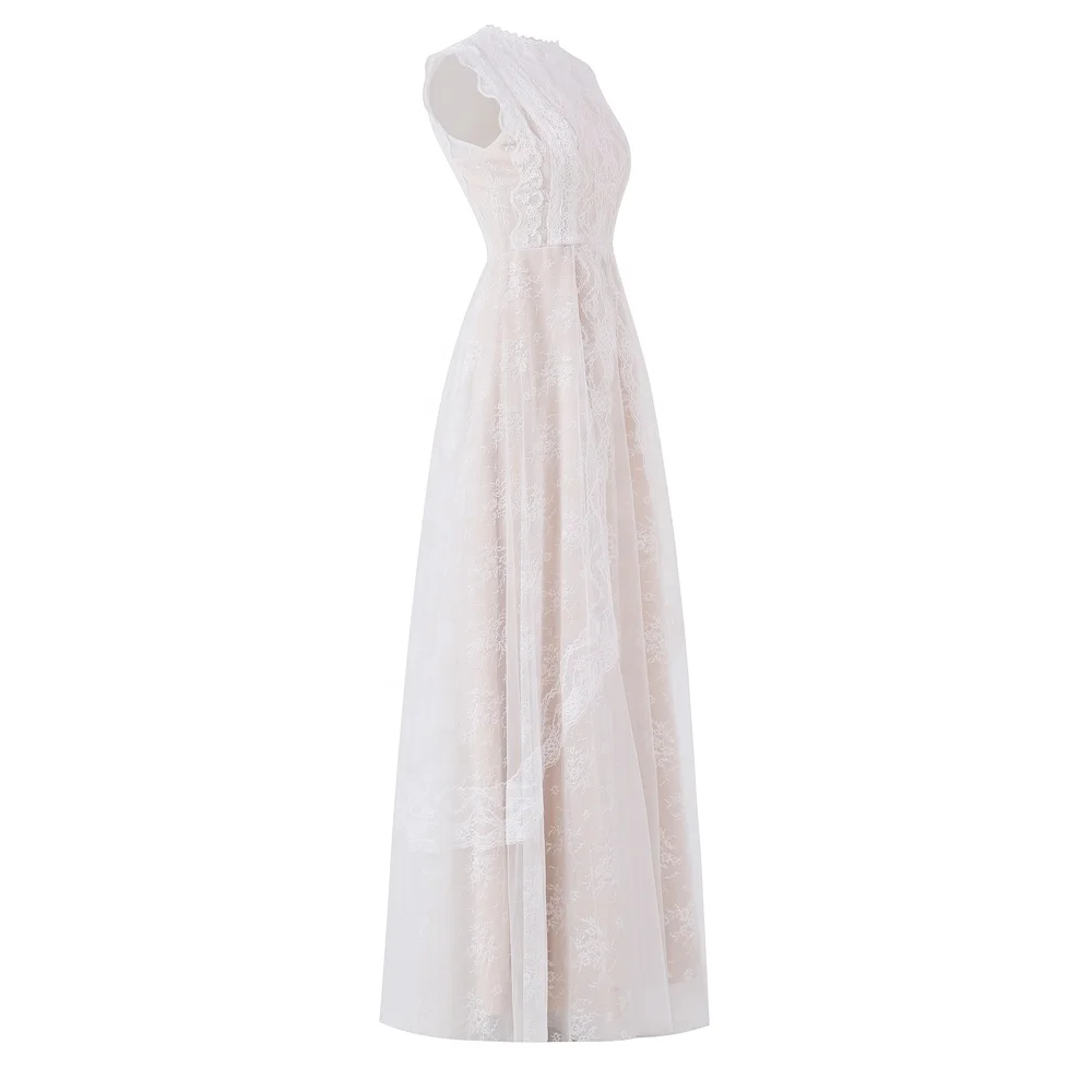 #1014 O-Neck Sleeveless Champagne Boho Beach Wedding Dress Lace Dress Boho