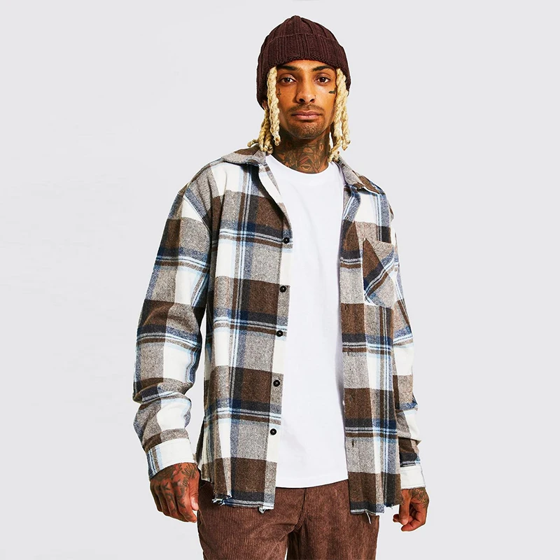 Autumn Casual Dark Color Plaid Pattern Flannel Nice Trending Full Sleeve Polyester Spandex Check Shirts For Men Street Wear