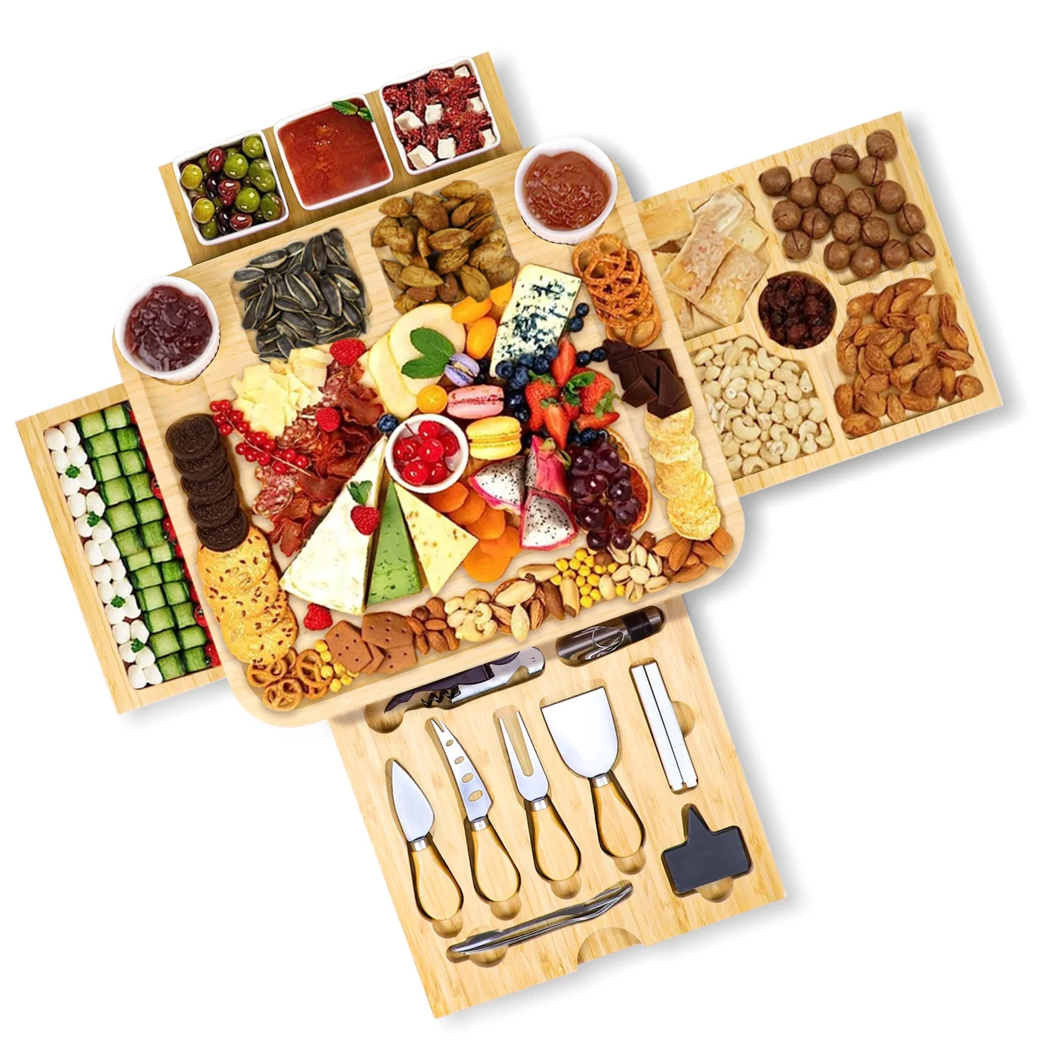 Free samples Large Charcuterie Cheese Board Serving Tray Platter With 4 Hidden Drawers And Knives For Home