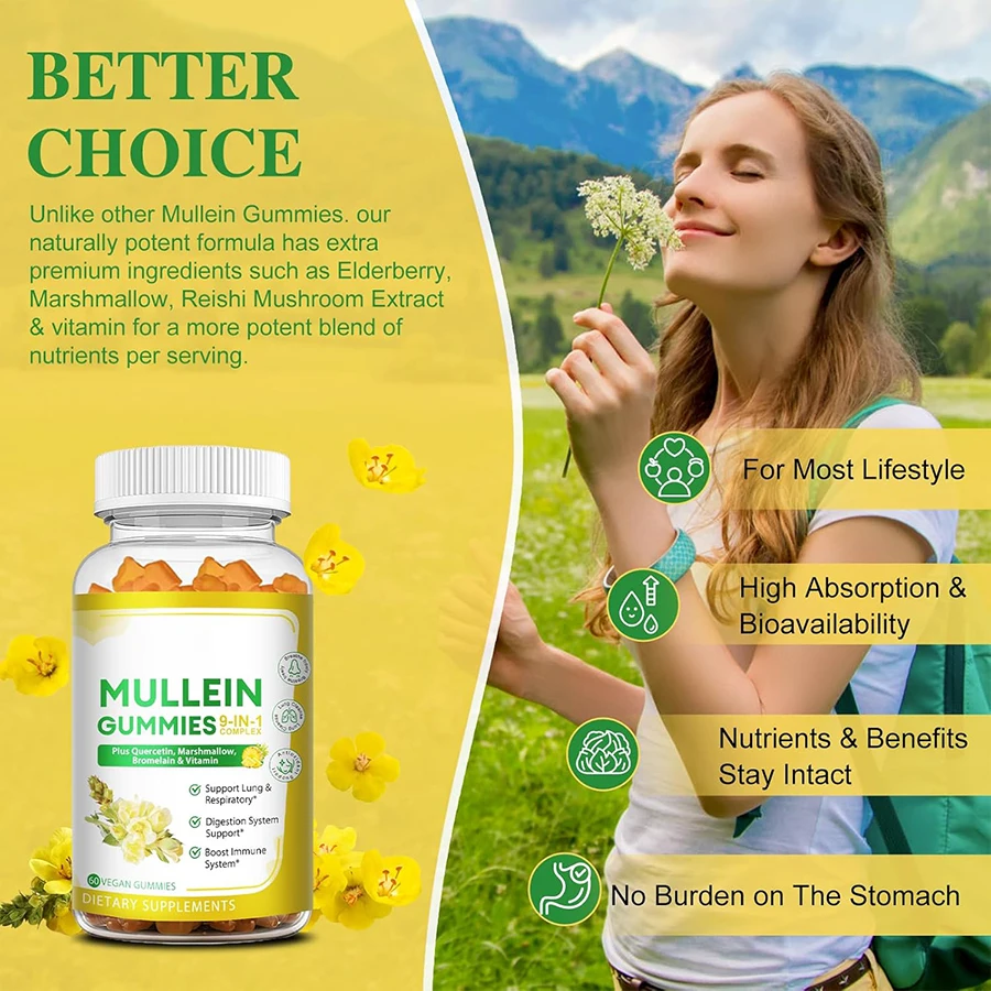 OEM Ready Stock Powerful 9-In-1 Mullein Gummies With Quercetin & Bromelain & Marshmallow For Immune & Respiratory Health Support