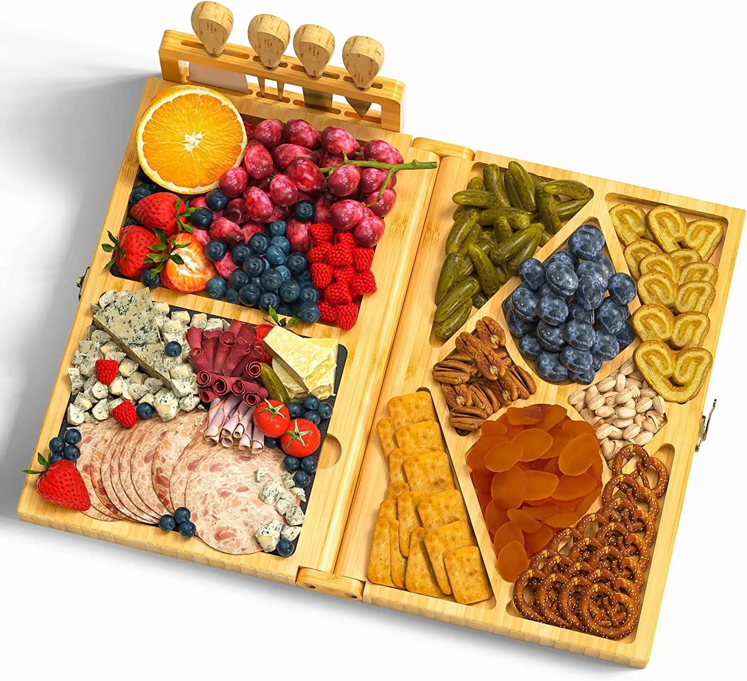 Cheese  Charcuterie Board Set - Foldable Server plate Folding  Platter Bamboo Cheese Tray with 4 Knives,