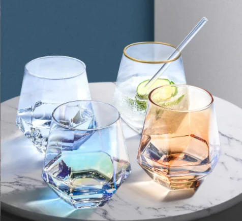 2022 manufacturers wholesale hexagonal glass high appearance level dazzle color gold cup INS colorful cold drink cup