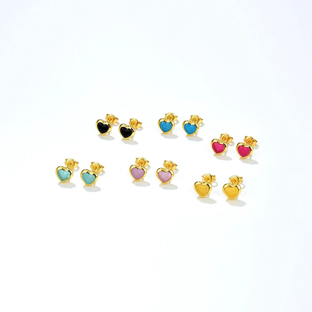 925 Sterling Silver Gemstone Jewelry 18K Gold Plated Natural Black Onyx Stone Quartz Love Heart Rainbow Stud Earrings