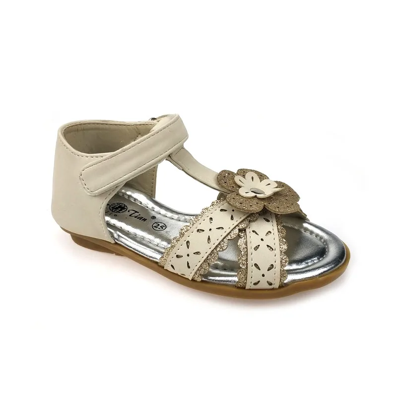 New Fashion children footwear laser engraving hollowed-out metal flower summer flat girl sandals