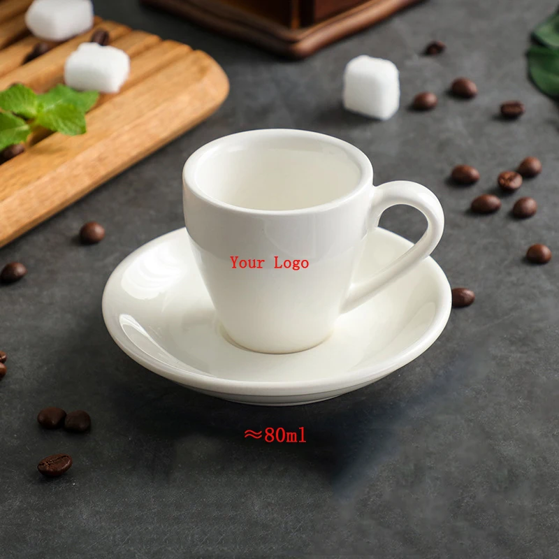 Custom logo ceramic 80cc espresso coffee cup and saucer white porcelain tea cup dish with your design