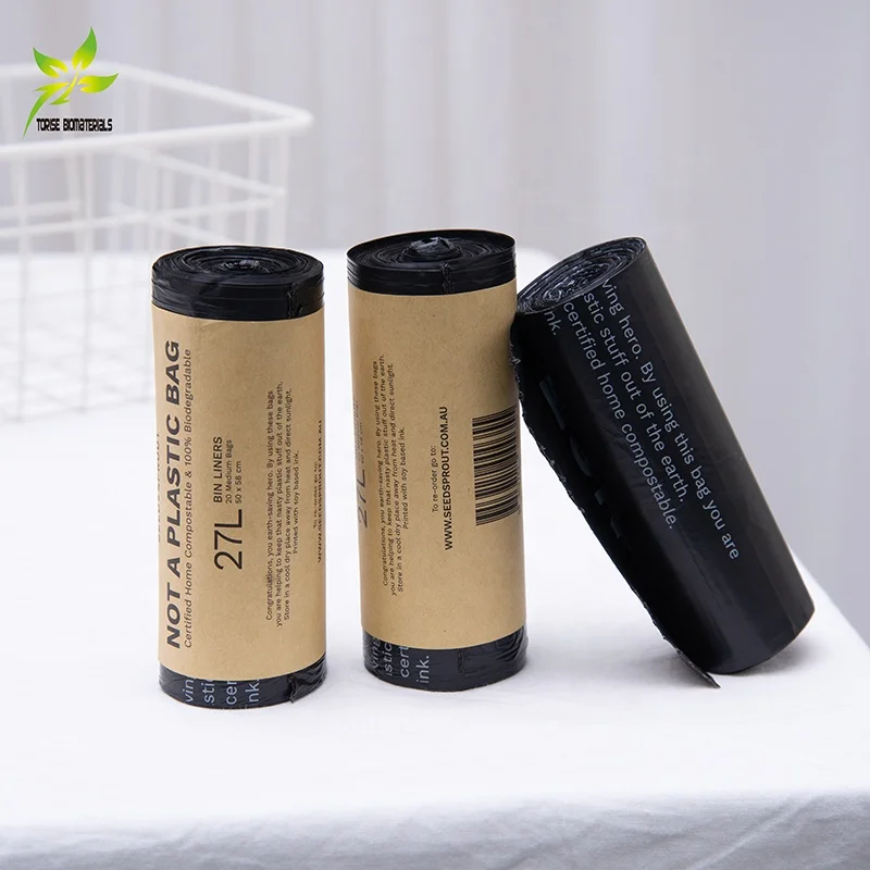 100l Eco Friendly Wholesale Cornstarch Custom Black 100% Biodegradable Compostable Plastic Garbage Bags On roll