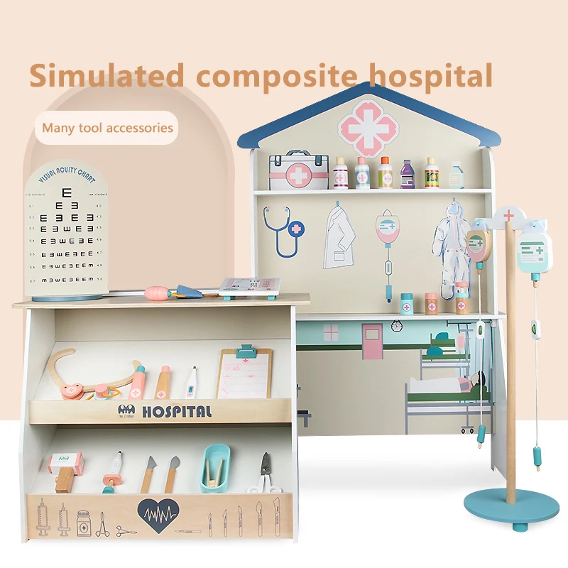 Hot Sell Wooden Play House Simulation Combination Hospital Toy with  Wooden Medical Toy Set, Excellent Role Play Toy For Kids