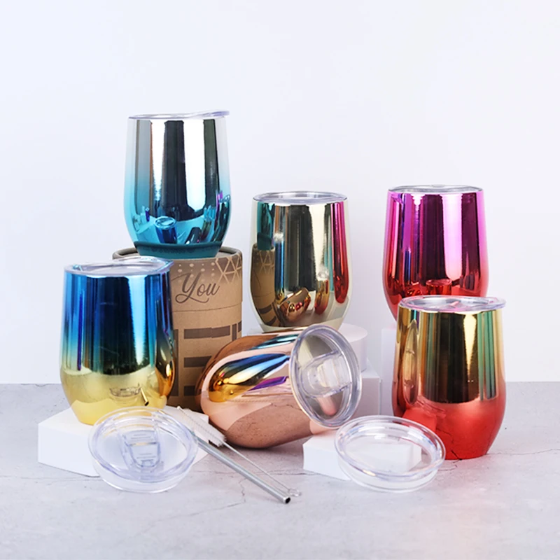 High Quality Promotion Gift Box 12oz Electroplate Double Wall Stainless Steel Stemless Insulated Coffee Termos Cup Wine Tumbler