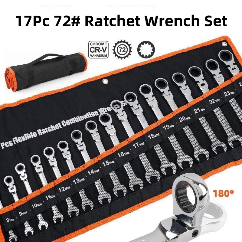 Dual Purpose 17 Sets of 72-Teeth Adjustable Head Ratchet Wrench Open Automatic Quick and Labor-Saving Spanner Set