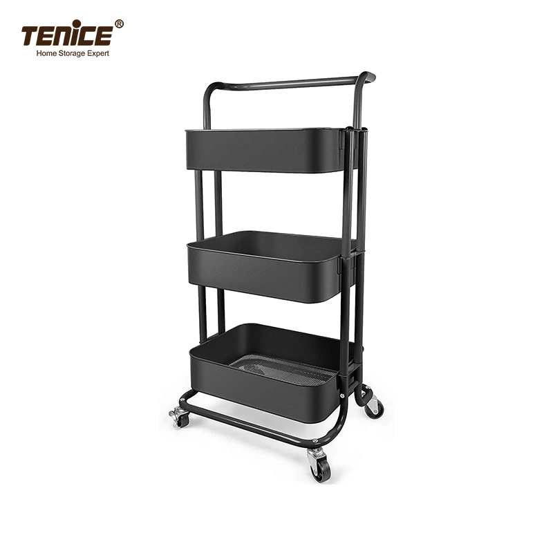 3 Tier Metal Utility Rolling Cart with Lockable Wheels, Multifunction Movable Storage Shelves Organizer with Handle and Mesh