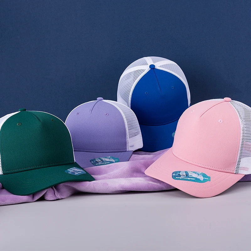 Breathable structured sustainable eco RPET fabric mesh cotton twill high crown 5 panel recycled trucker hat