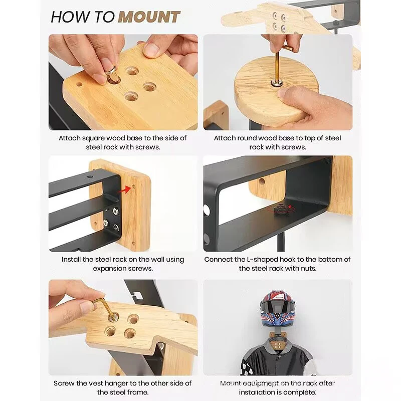 Wall Mounted Iron Motorcycle Helmet Rack Bike Helmet Holder with Wooden Jacket Coat Hanger and Key Hook