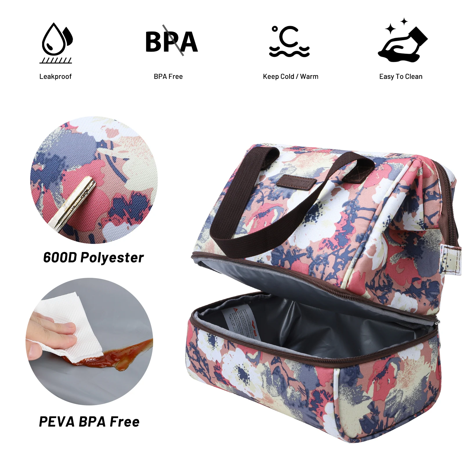 Women Lunch Box Bag Insulated Small Kids Lunch Cooler Bags Cute Leak Proof Meal Prep Lunch Box with Pockets