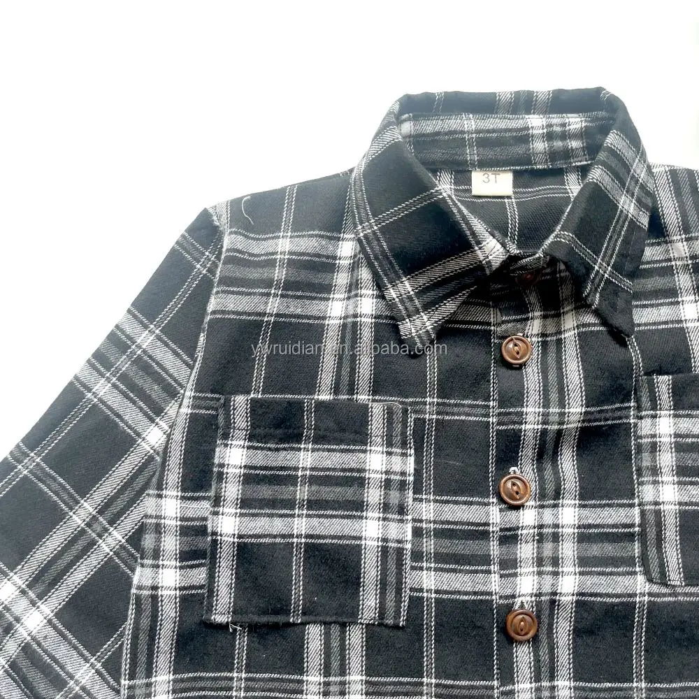 Yiwu Ruidian OEM Autumn Flannel Black And White Plaid Long-Sleeved Shirt + Black Pleated Skirt 2 Pieces Baby Girl Clothes Set