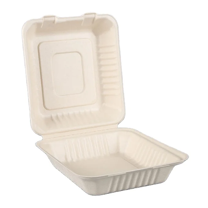 Eco-Friendly 100% biodegradable 900ml sugarcane pulp clamshell lunch box disposable 8 Inch square bagasse food container