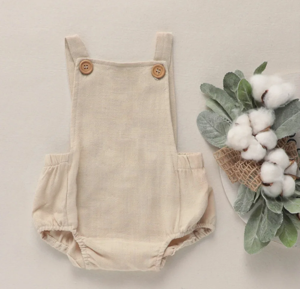 Fuyu 100% Organic linen Cotton sleeveless onesie for babies Buttons Bubble Newborn Baby Rompers Clothes