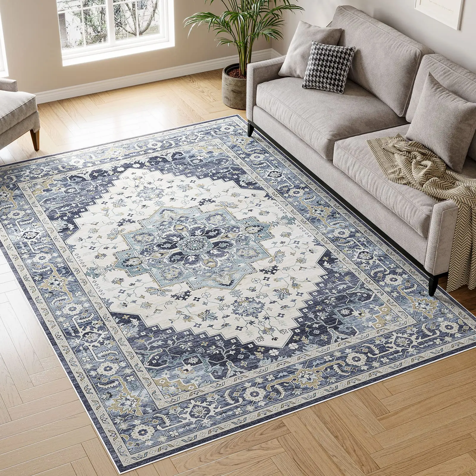 Living Room Area Rug  Print Rug Washable Soft Boho Non Slip Low-Pile Distressed Accent  Rug