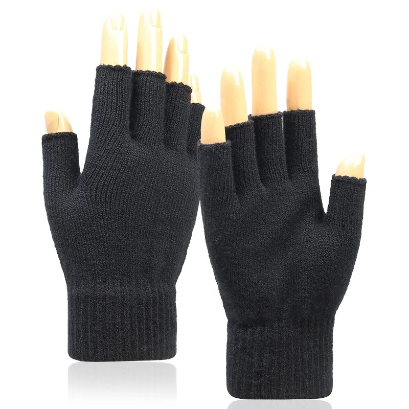 Wholesale Unisex Fall Winter Fingerless Mittens Thickened Stretchy Wool Knit Half Finger Cycling Gloves