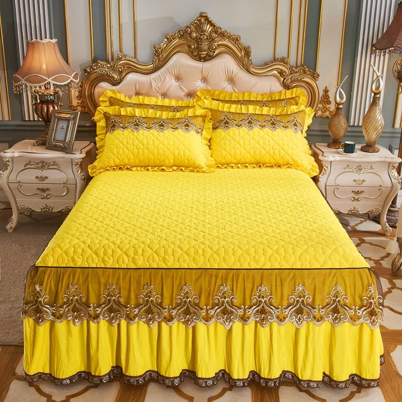 Embroidery Ruffle Quilt Bed Skirt And Cushions Home Full Size Lace Velvet Thickened Bedspread Bed Cover Bedding Set
