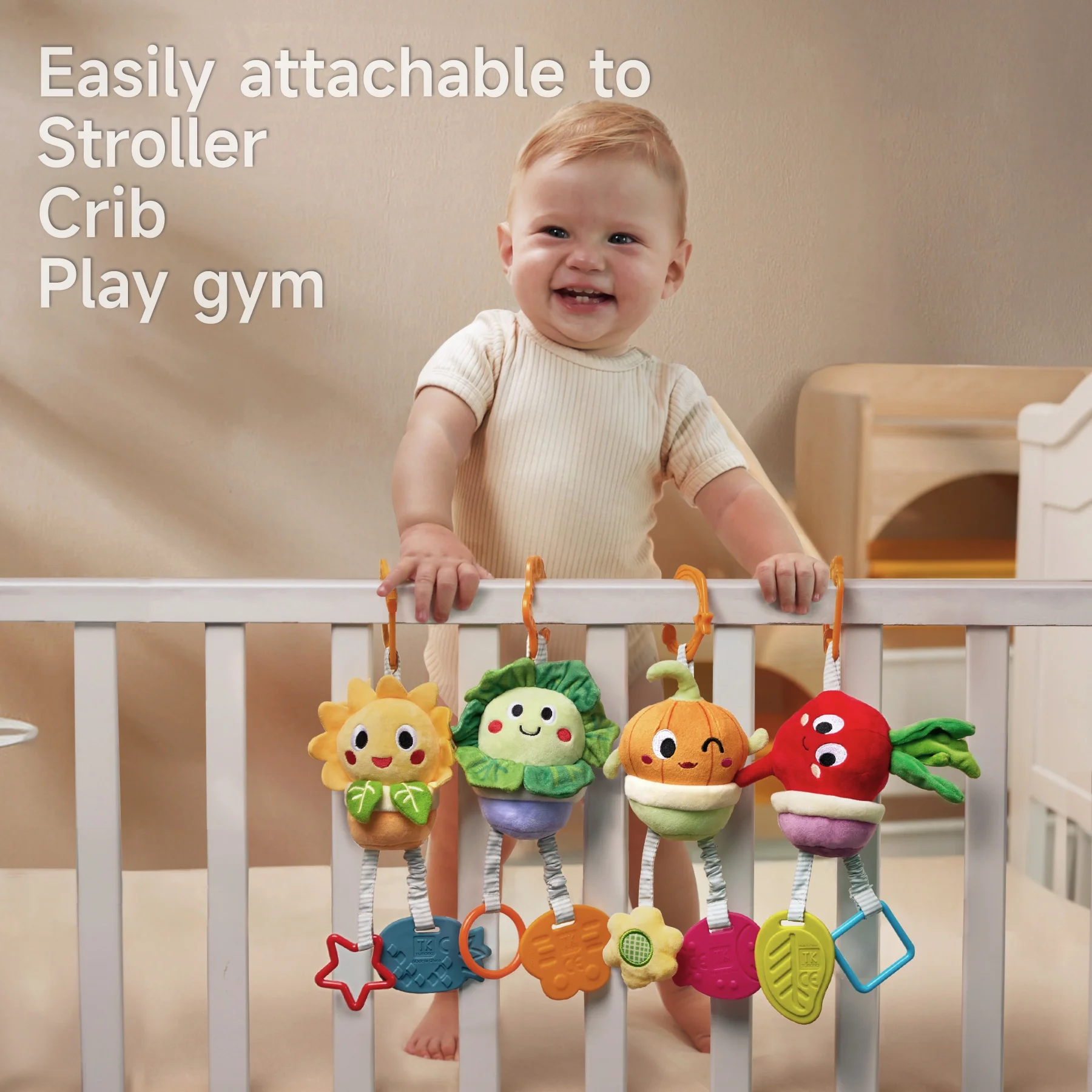 Tumama Kids Sensory Plush Rattle Toys Activity Pram Stroller Baby Hanging Toys Soft Vegetable Teether Rattle Toy for Newborn Car