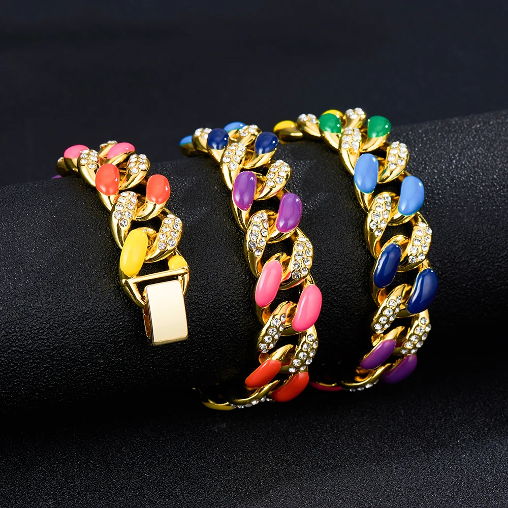 Hip-hop Enamel Rhinestone Colorful Chain Link For Men Miami Punk Pig Nose Cuban Necklace Luxury Crystal Bracelet Jewelry Gift
