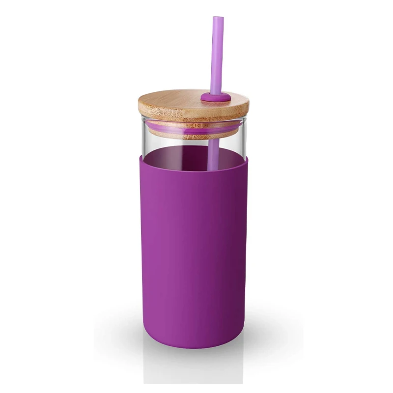 New Style Hot Sale 20oz Tumbler Glass Water Bottles Straw Silicone Protective Sleeve Bamboo Lid BPA Free